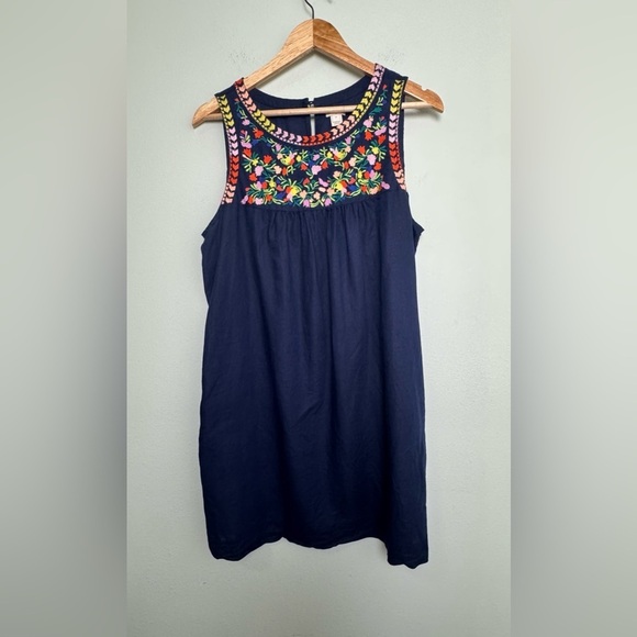 J. Crew Dresses & Skirts - J Crew Linen/Cotton Blend Rainbow Floral Embroidered Navy Blue Dress Size 10
